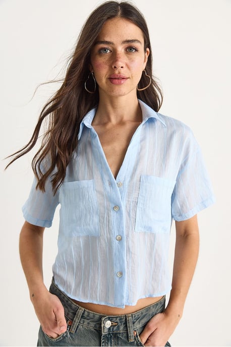 Gestreiftes, strukturiertes Cropped-Shirt mit Tasche - Image 2