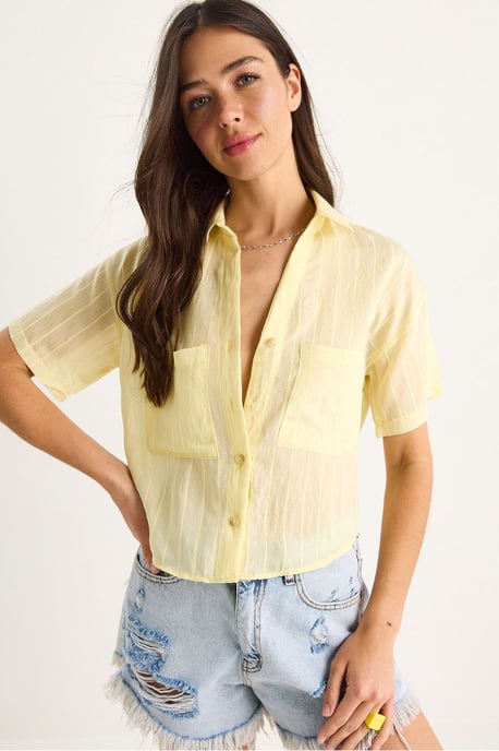 Gestreiftes, strukturiertes Cropped-Shirt mit Tasche - Image 1