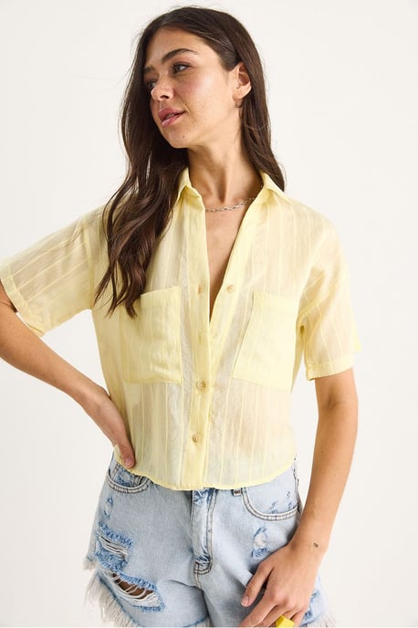 Gestreiftes, strukturiertes Cropped-Shirt mit Tasche - Image 3