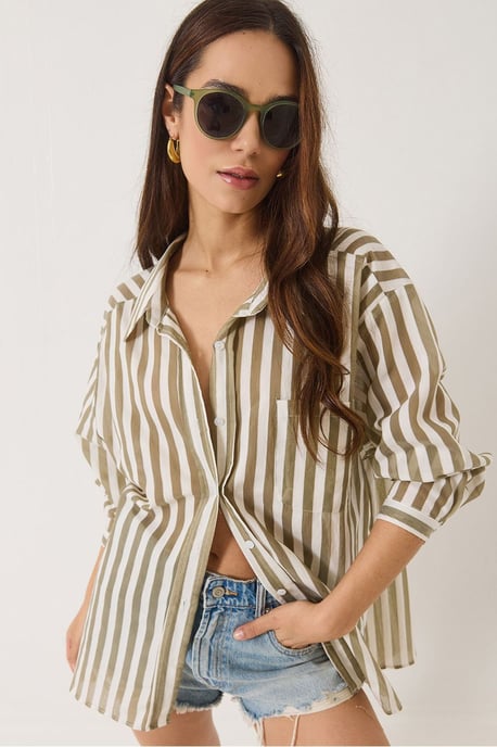 Oversized Gestreiftes Popeline-Shirt mit Taschen-Details - Image 1