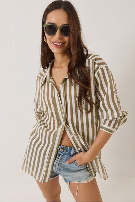 Oversized Gestreiftes Popeline-Shirt mit Taschen-Details - Image 3
