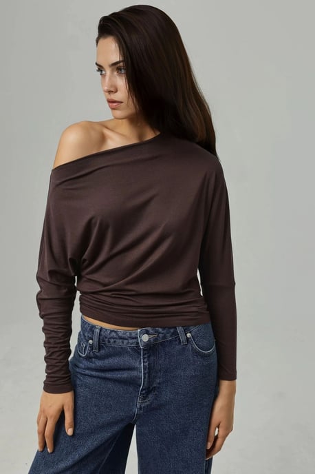 Asymmetrischer Kragen Langarm-Elastikstrick-T-Shirt - Image 1