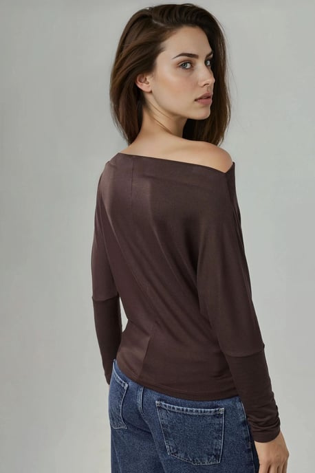 Asymmetrischer Kragen Langarm-Elastikstrick-T-Shirt - Image 5