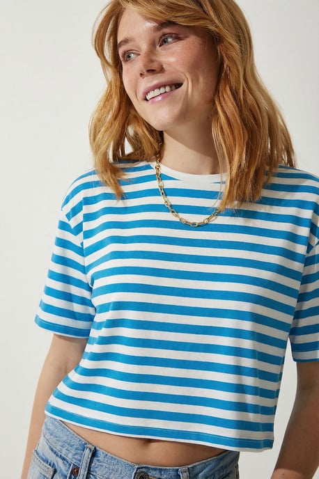 Übergrößes gestreiftes Rundhals-Crop-Top T-Shirt - Image 2