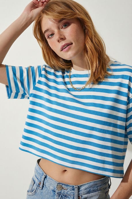 Übergrößes gestreiftes Rundhals-Crop-Top T-Shirt - Image 3