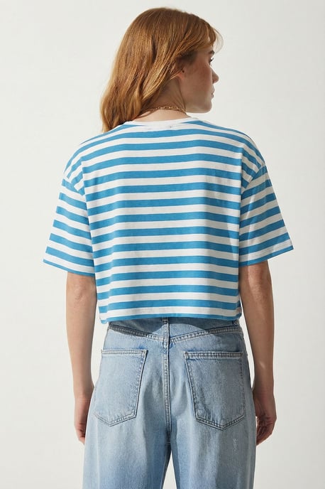 Übergrößes gestreiftes Rundhals-Crop-Top T-Shirt - Image 5