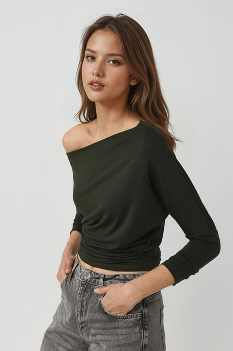 Asymmetrischer Kragen Langarm Elastisches Strick-T-Shirt - Image 2