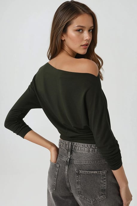 Asymmetrischer Kragen Langarm Elastisches Strick-T-Shirt - Image 3