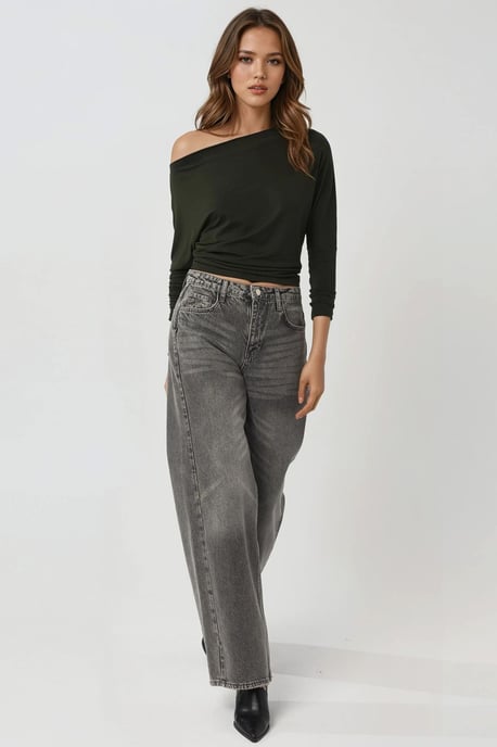 Asymmetrischer Kragen Langarm Elastisches Strick-T-Shirt - Image 4