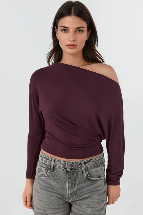 Asymmetrischer Kragen Langarm Elastisches Strick-T-Shirt - Image 1