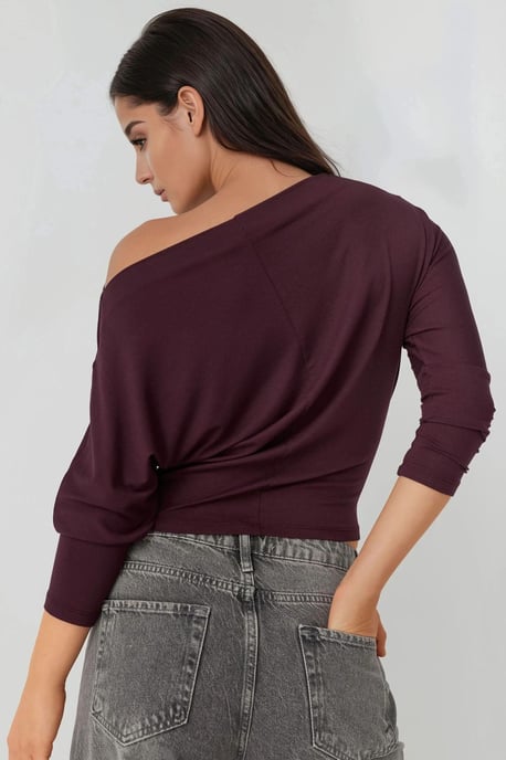 Asymmetrischer Kragen Langarm Elastisches Strick-T-Shirt - Image 2