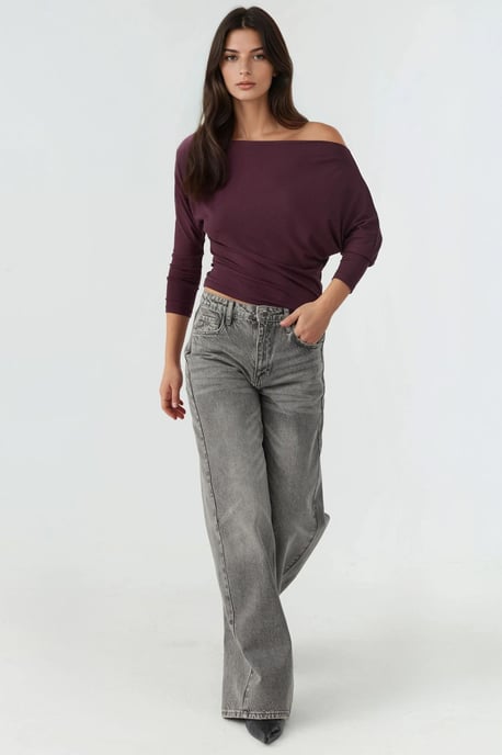 Asymmetrischer Kragen Langarm Elastisches Strick-T-Shirt - Image 4