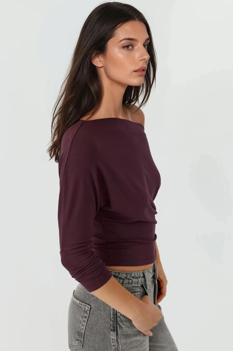 Asymmetrischer Kragen Langarm Elastisches Strick-T-Shirt - Image 5