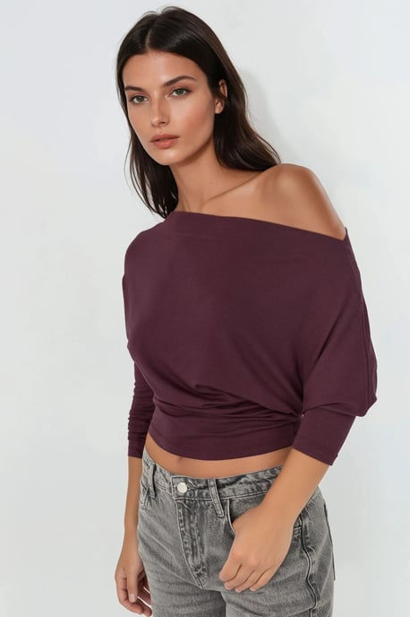 Asymmetrischer Kragen Langarm Elastisches Strick-T-Shirt - Image 6