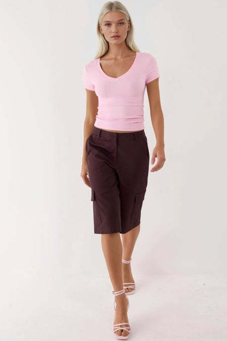 Elastisches V-Ausschnitt Kurzarm-T-Shirt - Image 4