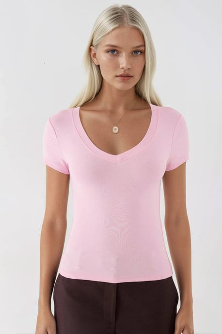 Elastisches V-Ausschnitt Kurzarm-T-Shirt - Image 6
