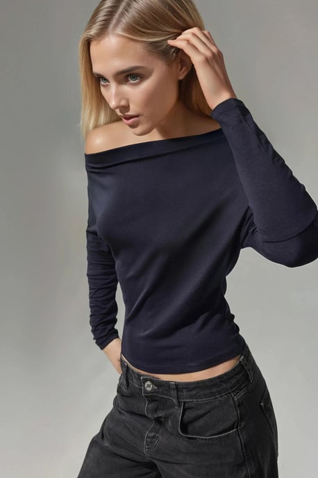 Asymmetrisches Kragen Langarm Elastisches Strick-T-Shirt - Image 2