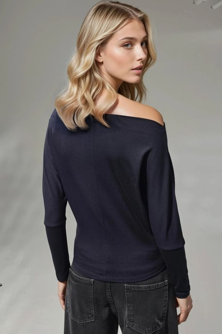 Asymmetrisches Kragen Langarm Elastisches Strick-T-Shirt - Image 4