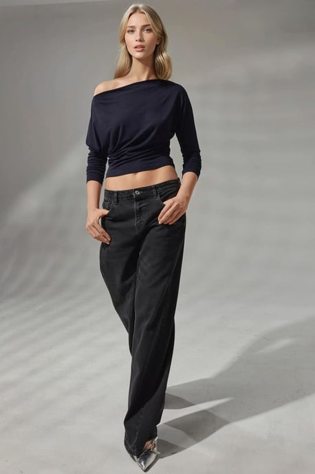 Asymmetrisches Kragen Langarm Elastisches Strick-T-Shirt - Image 5