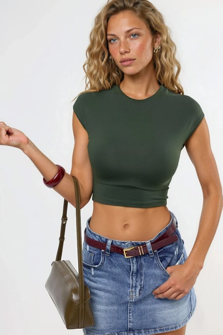 Rundhals Unifarben Cropped T-Shirt - Image 1