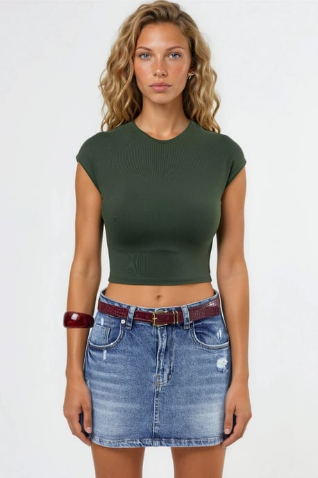 Rundhals Unifarben Cropped T-Shirt - Image 6