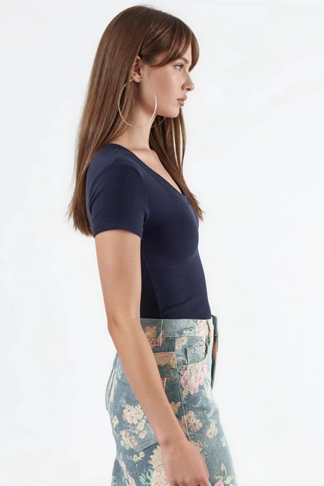 Elastisches V-Ausschnitt Kurzarm-T-Shirt - Image 2