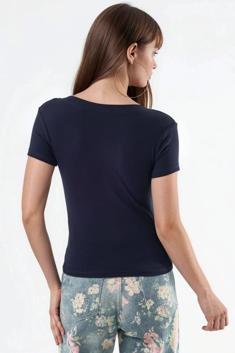 Elastisches V-Ausschnitt Kurzarm-T-Shirt - Image 3