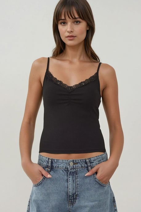 Dünnes Strick V-Ausschnitt Slim Fit Top mit Spitze التفاصيل - Image 1