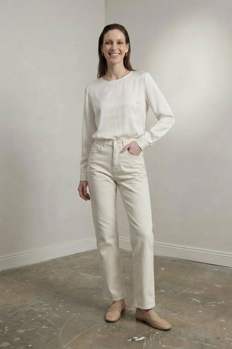 Hohe Taille Denim Gerade Passform Hose mit Taschen - Image 3