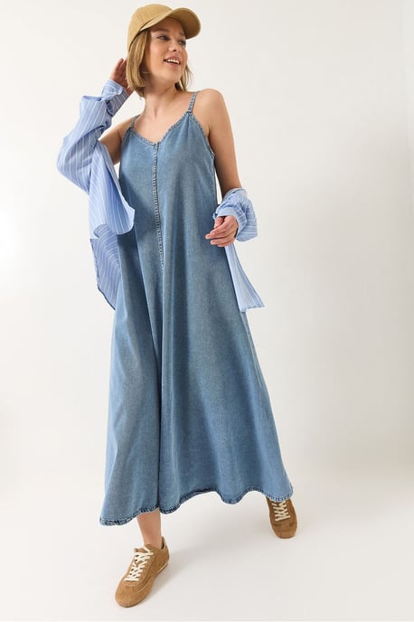 Maxi V-Ausschnitt Denim-Kleid mit Knopfverschluss - Image 1