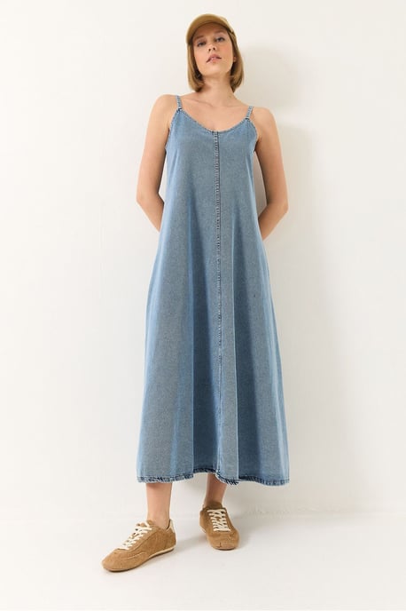 Maxi V-Ausschnitt Denim-Kleid mit Knopfverschluss - Image 3