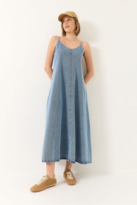 Maxi V-Ausschnitt Denim-Kleid mit Knopfverschluss - Image 4
