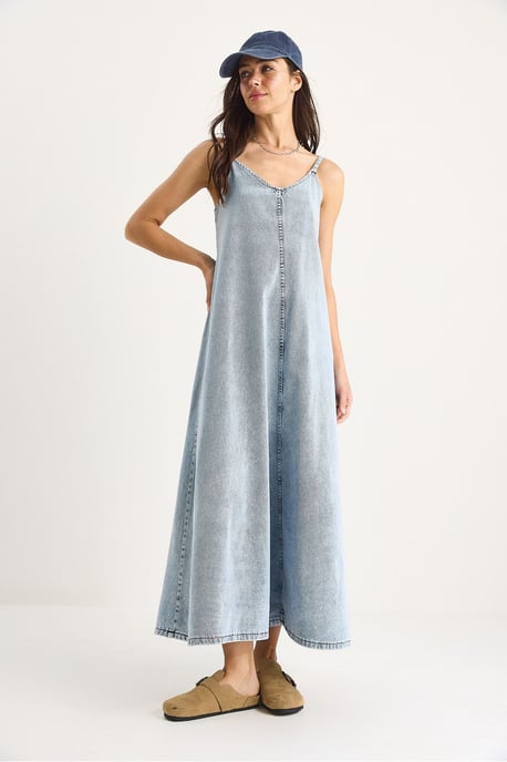 Maxi V-Ausschnitt Denim-Kleid mit Knopfverschluss - Image 2