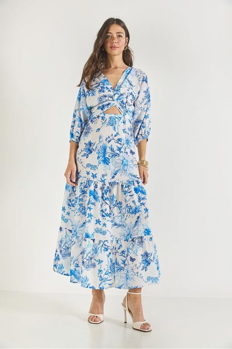 V-Ausschnitt Blühendes Maxi-Kleid mit Schleife - Image 2