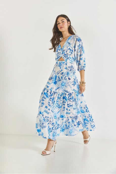 V-Ausschnitt Blühendes Maxi-Kleid mit Schleife - Image 3