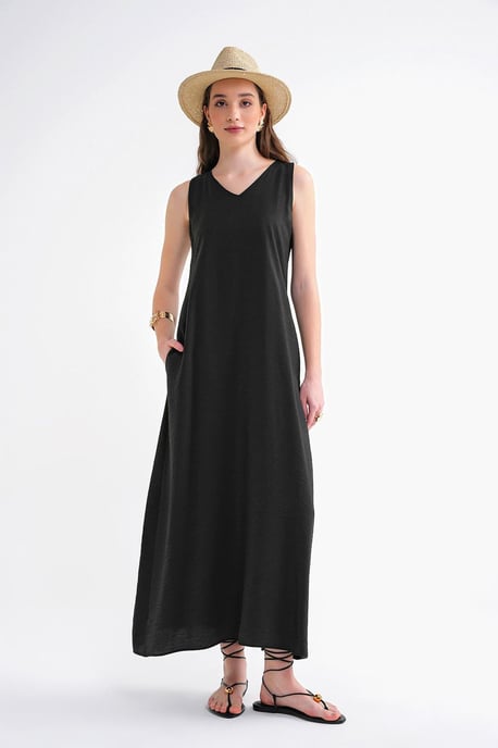 V-Ausschnitt ärmelloses Maxikleid mit Taschen - Image 2