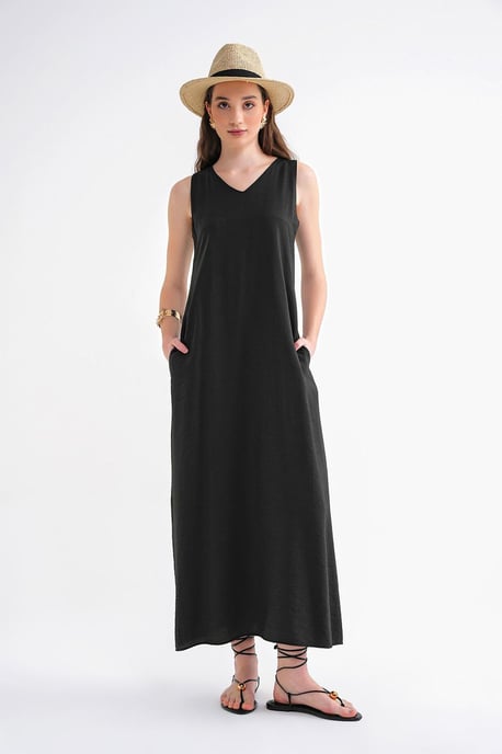 V-Ausschnitt ärmelloses Maxikleid mit Taschen - Image 3