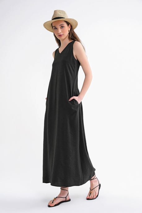 V-Ausschnitt ärmelloses Maxikleid mit Taschen - Image 4
