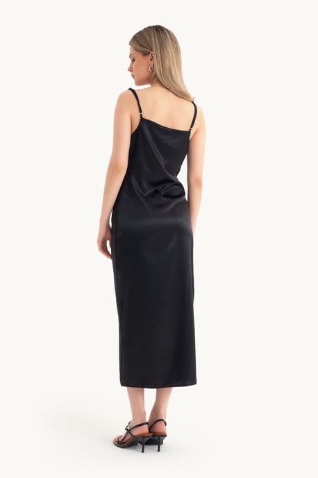 Hiccup Satin-Maxikleid mit Wasserfallausschnitt, Spaghettiträgern und Schlitz - Schwarz - Image 2