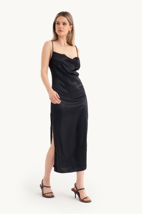Hiccup Satin-Maxikleid mit Wasserfallausschnitt, Spaghettiträgern und Schlitz - Schwarz - Image 3