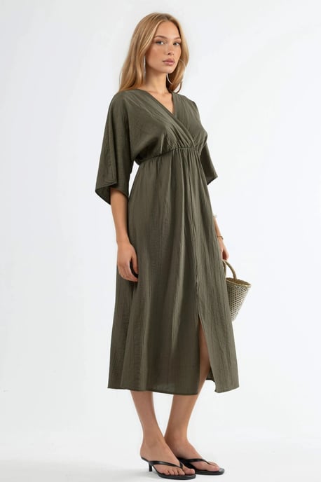 V-Ausschnitt Midi Wickelkleid mit Dreiviertelärmeln - Image 2