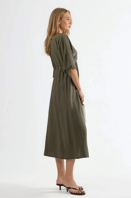 V-Ausschnitt Midi Wickelkleid mit Dreiviertelärmeln - Image 4
