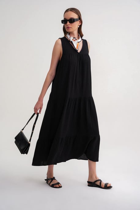 Ärmelloses V-Ausschnitt-Mull-Midi-Kleid mit Taschen - Image 2