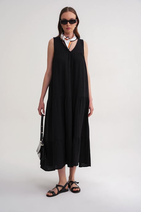 Ärmelloses V-Ausschnitt-Mull-Midi-Kleid mit Taschen - Image 3