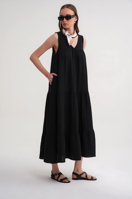 Ärmelloses V-Ausschnitt-Mull-Midi-Kleid mit Taschen - Image 4