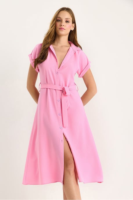V-Ausschnitt Midi-Kleid mit Knopfverschluss und Bindung Detail - Image 3
