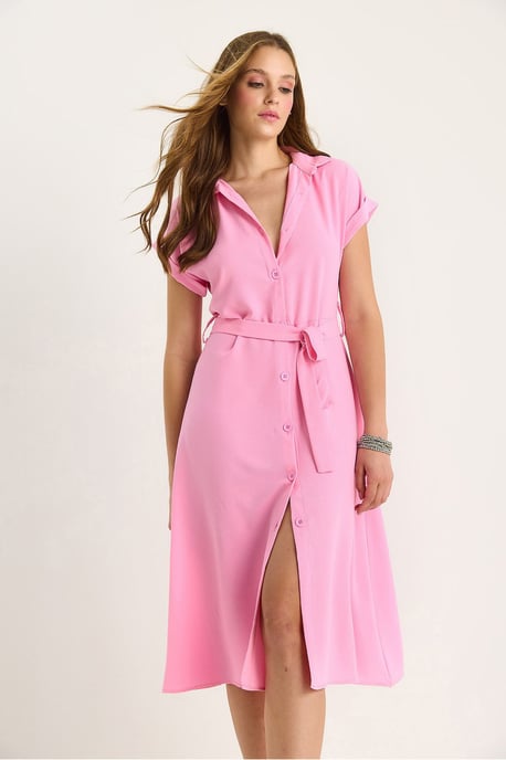 V-Ausschnitt Midi-Kleid mit Knopfverschluss und Bindung Detail - Image 5