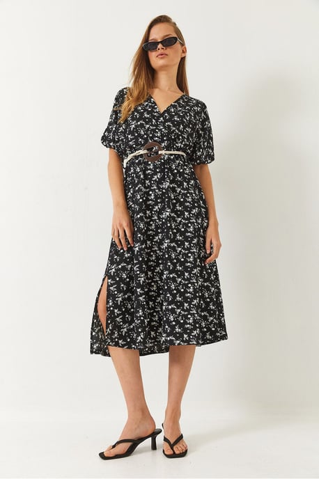 Strukturiertes V-Ausschnitt-Midikleid mit Gürtel - Image 2