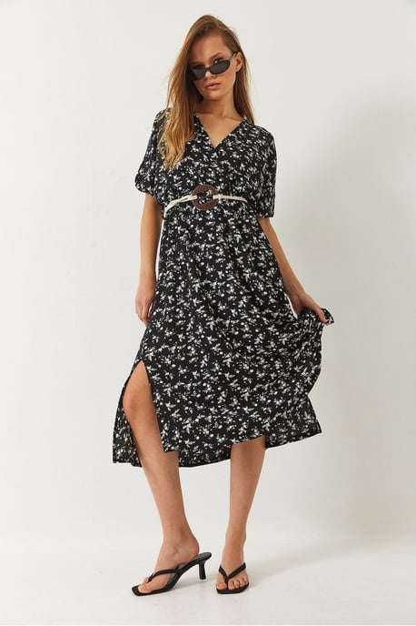 Strukturiertes V-Ausschnitt-Midikleid mit Gürtel - Image 3