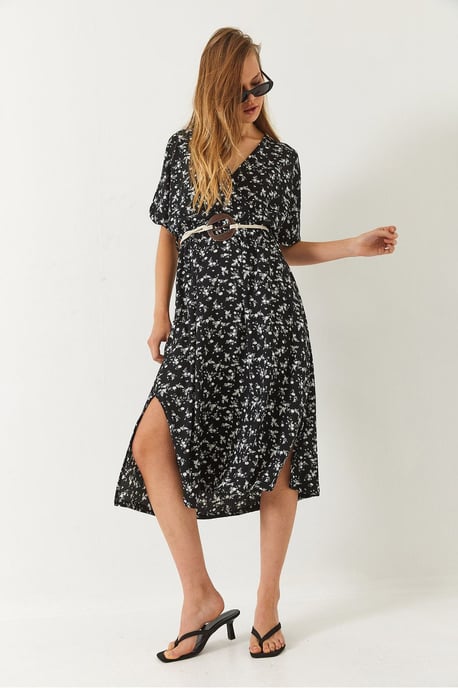 Strukturiertes V-Ausschnitt-Midikleid mit Gürtel - Image 4